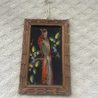 Vintage Mexican Folk Art Hand Feather Bird Carved Wood Frame 1943 Honeymoon • $18