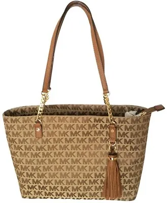 MICHAEL KORS NWT Jet Set EW Chain Tote MK Logo Jacquard Bge/Ebny/Lug  MSRP $248 • $128.99