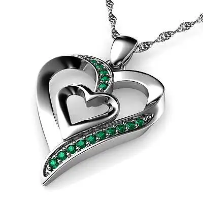 Double Heart Necklace 925 Sterling Silver Jewellery Dephini Green CZ • £32