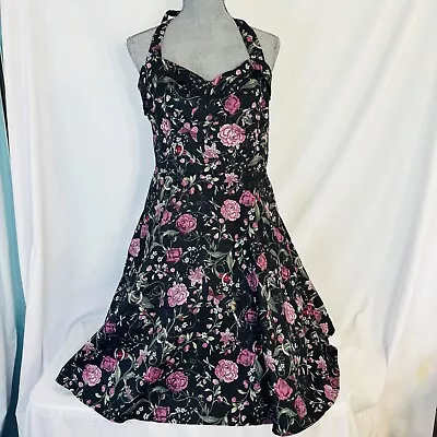 Hot Topic Floral Insect Swing Halter Dress Sz XL Lined Crinoline Rockabilly Viva • $38