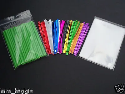 50 X 4.5  GREEN CAKE POP KIT PLASTIC LOLLIPOP STICKS CELLO BAGS METALLIC TIES • £4.75