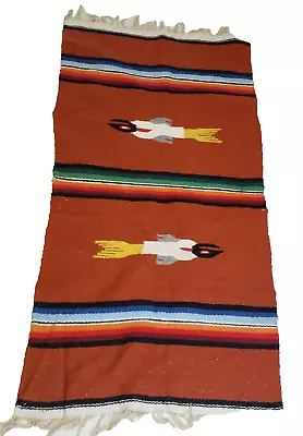 Handmade Mexican Blanket Floor Cloth Serape Tapestry Rug W Fish & Fringe 36x20 • $30