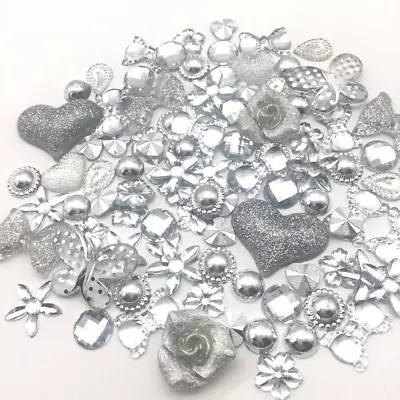 100 Embellishments Silver Tone Cabochon Beads Flatbacks Gems Craft Cardmaking • £4.49