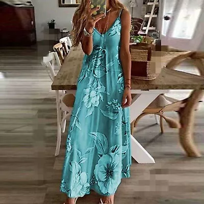 Womens Boho Maxi Tank Dress Ladies V Neck Summer Holiday Sundress Party Dresses • $28.54