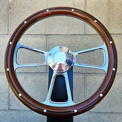 14  Billet Steering Wheel Mahogany Wood Rivets Chevy Muscle C10 Ford Hot Rod • $155.73