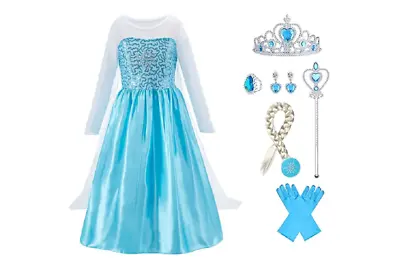 LB Princess Elsa Dress Set Girl Party Costume Fancy Outfit Crown Wand Gloves UK • £14.99