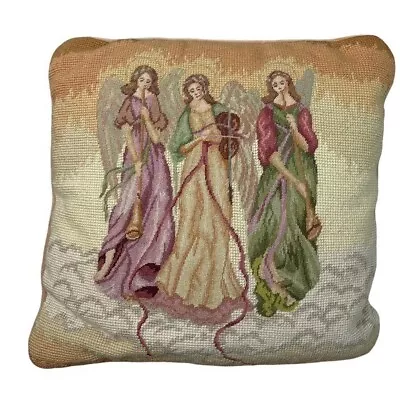 Vintage Cross Stitch Three Angels Throw Pillow W Velvet Back 13.5 Inches Square • $26.99