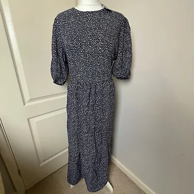 Principles Size 18 Navy Blue Beige Polka Dot Midi Long Sleeves Dress Balloon • £13.49