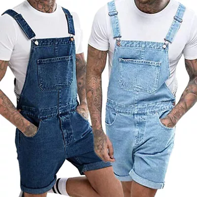 Mens Denim Bib Overall Shorts Adjustable Strap Jean Shorts Romper Short Jumpsuit • $8.79