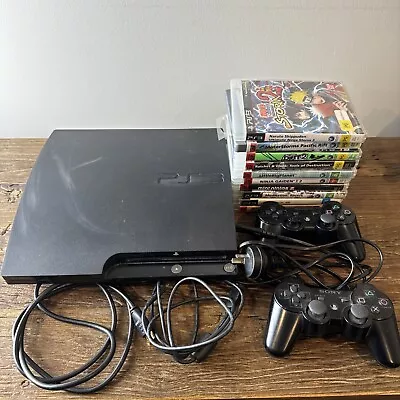 Sony PlayStation 3 PS3 Slim Console 120GB Bundle 2 Controllers  10 Games Cables • $175