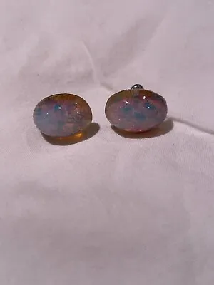 Vintage Iridescent Fire Opal Glass Dome Stone Earrings • $24