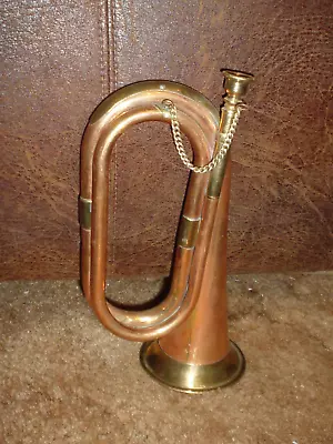 Vintage Military Calvary Style Copper & Brass Bugle Horn With Mouthpiece & Chain • $49.95