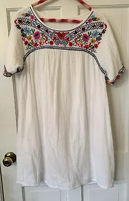 Beach Lunch Lounge Mexican Style Embroidered White Gauze Cover-up Dress L • $25