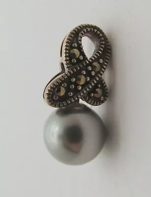 925 Sterling Silver Genuine Pearl & Marcasite Slide Pendant  17x9mm ~  1.3g • $9.95