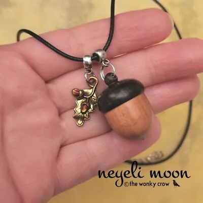 Wooden Acorn Charm Pendant Talisman With Herb Pouch For Good Luck & Prosperity • £12