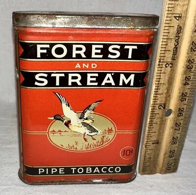 Antique Forest & Stream Tin Litho Vertical Pocket Pipe Tobacco Can Mallard Duck • $56