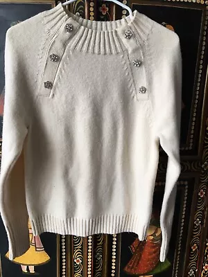 J. Crew Women Knit Rhinestone Jeweled Buttons Pullover Sweater Ivory Wool Blend • $25