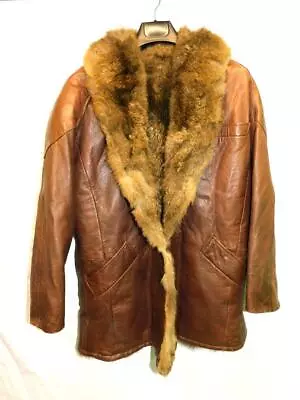 Vintage XL Brown Leather Fur Lined Coat One Button Shawl Collar Woman Winter XL • $99.94