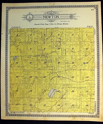 1916 Plat Map Newton Township Calhoun County Michigan Lee's Lake Cotton Lake • $18.50