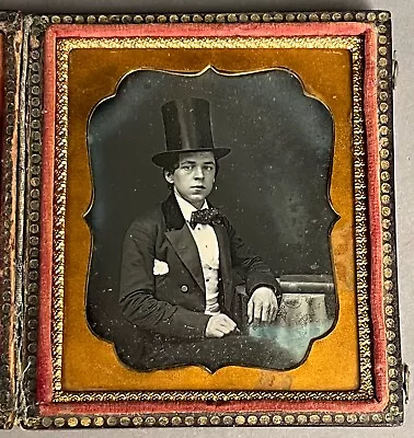 Young Gent With Tall Top Hat 1/6 Plate Daguerreotype Old Paper Seals No Wipes • $38