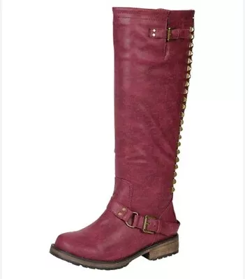 $14.99 • Buy Breckelle's Trooper 14 Women's Tall Boots Outlaw Vegan Studs Berry Maroon Sz 8 