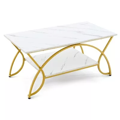 Coffee Table Modern Faux Marble 2-Tier Rectangle Living Room Golden Coffee Table • $86.01