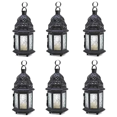 6 Pc Wedding Lot Black Iron Clear Etched Glass Moroccan Candle Lantern 10  Tall • $126
