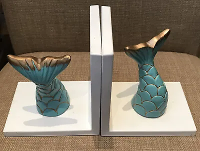 White Blue Gold Mermaid Tail Bookends Set Of 2 • $32.95