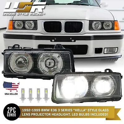 X4 H1 LED Bulbs + Euro GLASS Ellipsoid Projector M3 Headlight For 92-99 BMW E36 • $292.46