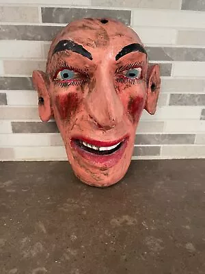 Vintage Mexican Mask Folk Art Hand Painted Wood Mans Face  Blue Eyes 9  X 7  • $29.99