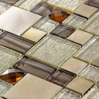 Luxury Brown Caramel & Beige Glass & Brushed Steel Mosaic Wall Tiles Sheet 8mm • £8.49