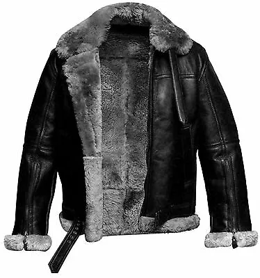 Men's RAF Aviator Real Sheep Skin Black Leather Coat Bomber B3 Pilot Jacket • $199.99