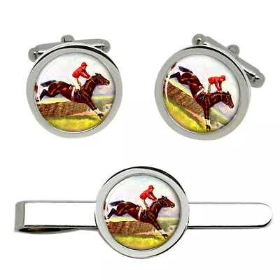 Horse Racing Over Hurdles Cufflinks And Tie Clip Set • £23.99