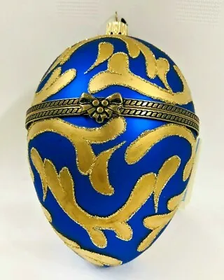 Mostowski Hinged Ornament Faberge Egg Blue And Gold Scroll W/ Stand New In Box • $75