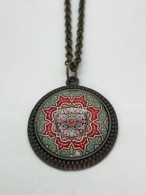 Mandala Flower Pendant Necklace 18” Brass-Colored Chain Yoga Zen • $7.95