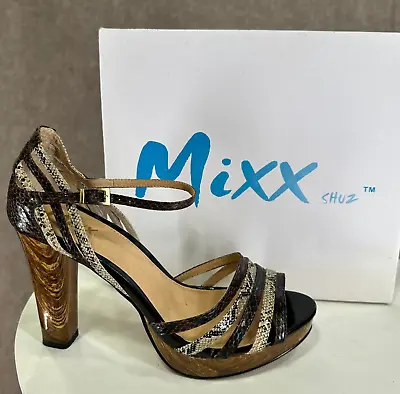 Mixx Shuz Womens Sandals Size 8 Open Toe Brown Beige Snake Strappy Wood Heels • $16.05