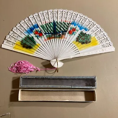 Vintage Plastic Hand Fan Fold Up Ivory Citrus Tower Clermont Florida 1950s • $20