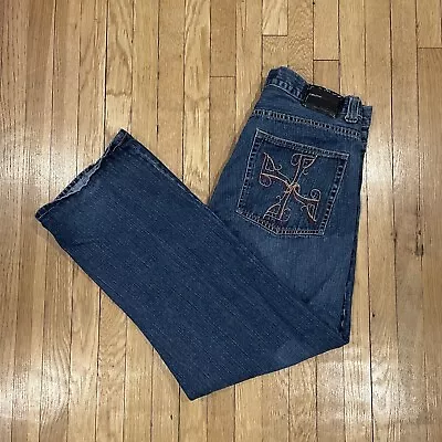 Vintage Y2K FUBU Embroidered Cross Jeans 38x34 Baggy 90s Y2K Wide Leg Skate Rave • $40