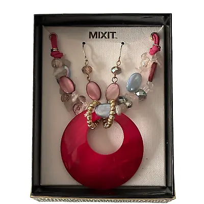 New MIXIT Shell Necklace Hook Earring Set - Colorful Beads W/ Round Red Pendant • $12.99