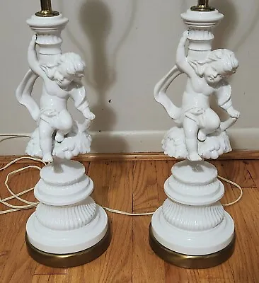 Pair Of Vintage Cherub Putti Table Lamp Ceramic Angel Statue Figurine MCM • $149.99