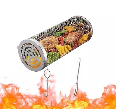 Rolling Grilling Basket BBQ Net Tube Round Stainless Steel Grill Mesh Cylinder • $12.99