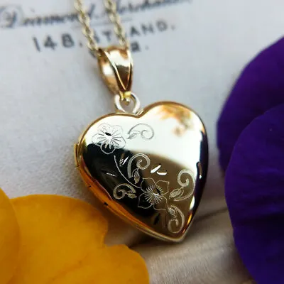 Small 9ct Yellow Gold Floral Heart Locket Necklace 9K Picture Locket & Chain • £265