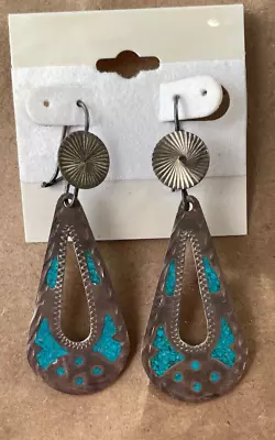 Post 1949 Sterling Silver Taxco Inlay Turquoise Sterling Silver Dangle Earrings • $40