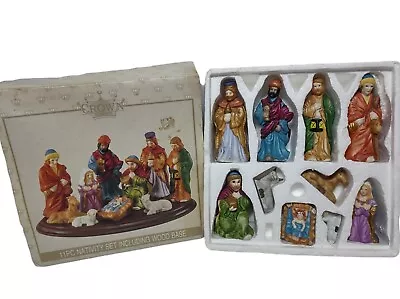 Vintage Nativity Set 11-piece Wood Base Crown Accents Complete With Wood Base • $14