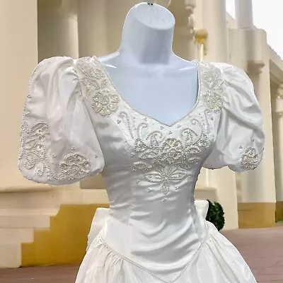 Vintage 1980s Victorian Puff Sleeve Beaded Princess Wedding Dress Ball Gown • $134