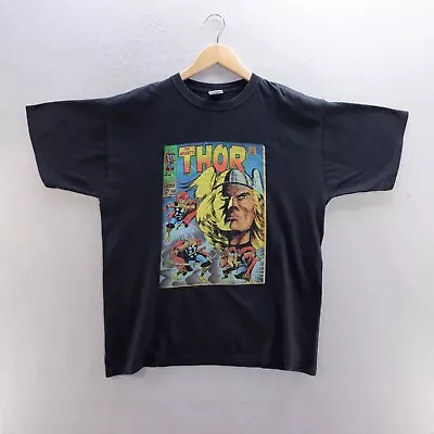 THE MIGHT THOR T Shirt Large Black Graphic Print Marvel Comic Strip Cotton Mens • £8.09