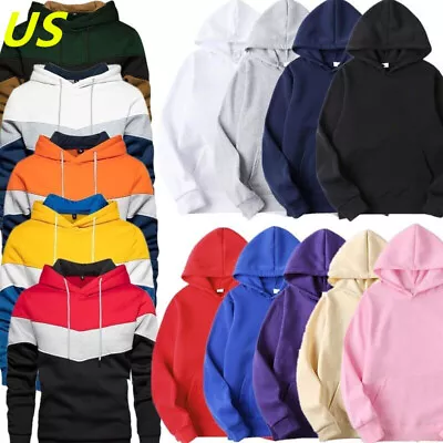 US Men's Color Block Fleece Hoodies Sweatshirt Casual Long Sleeve Pullover Tops • $13.81