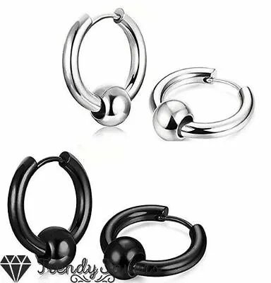 Titanium Steel Men Women Big Ball Silver Black Huggie Cartilage Hoop Earrings • £3.99