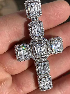 Men’s Real Solid 925 Silver Mens Large Iced Baguette CZ Cross Necklace 2  HipHop • $78.88