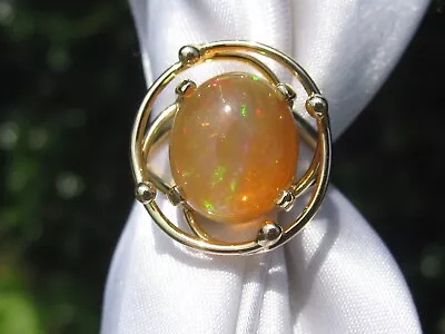 Mexican Fire Opal Ring 14K Yellow Gold Oval Cabochon Contemporary Size 7.25 • £729.84